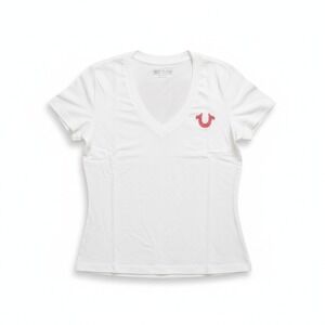 True Religion Womens Crystal Buddha World Tour V Neck White Tee Shirt Size‎ S